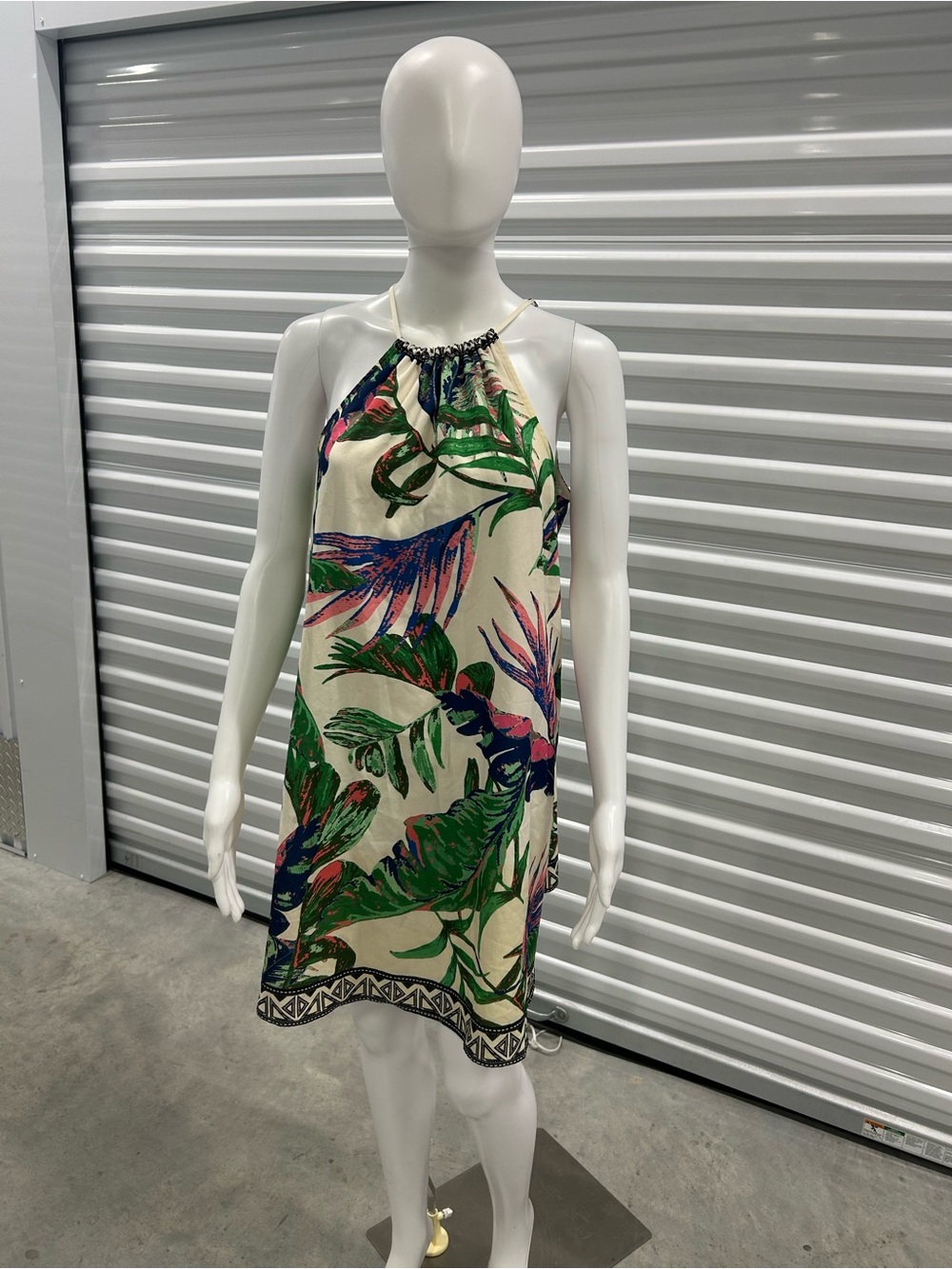 Flying Tomato Cream Halter Mini Dress with Green and Pink Tropical Print